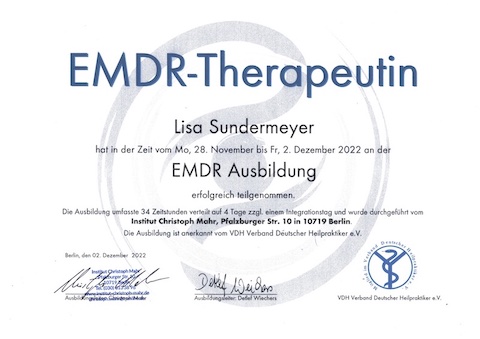 EMDR Therapie Zertifikat » Lisa Sundermeyer EMDR Therapie Berlin, Prenzlauer Berg und Brandenburg, Prignitz, Plattenburg, Klein Leppin » Lisa Sundermeyer