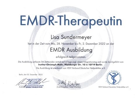 Zertifikat über Lisa Sundermeyers erfolgreich abgeschlossene EMDR-Ausbildung im Dezember 2022.