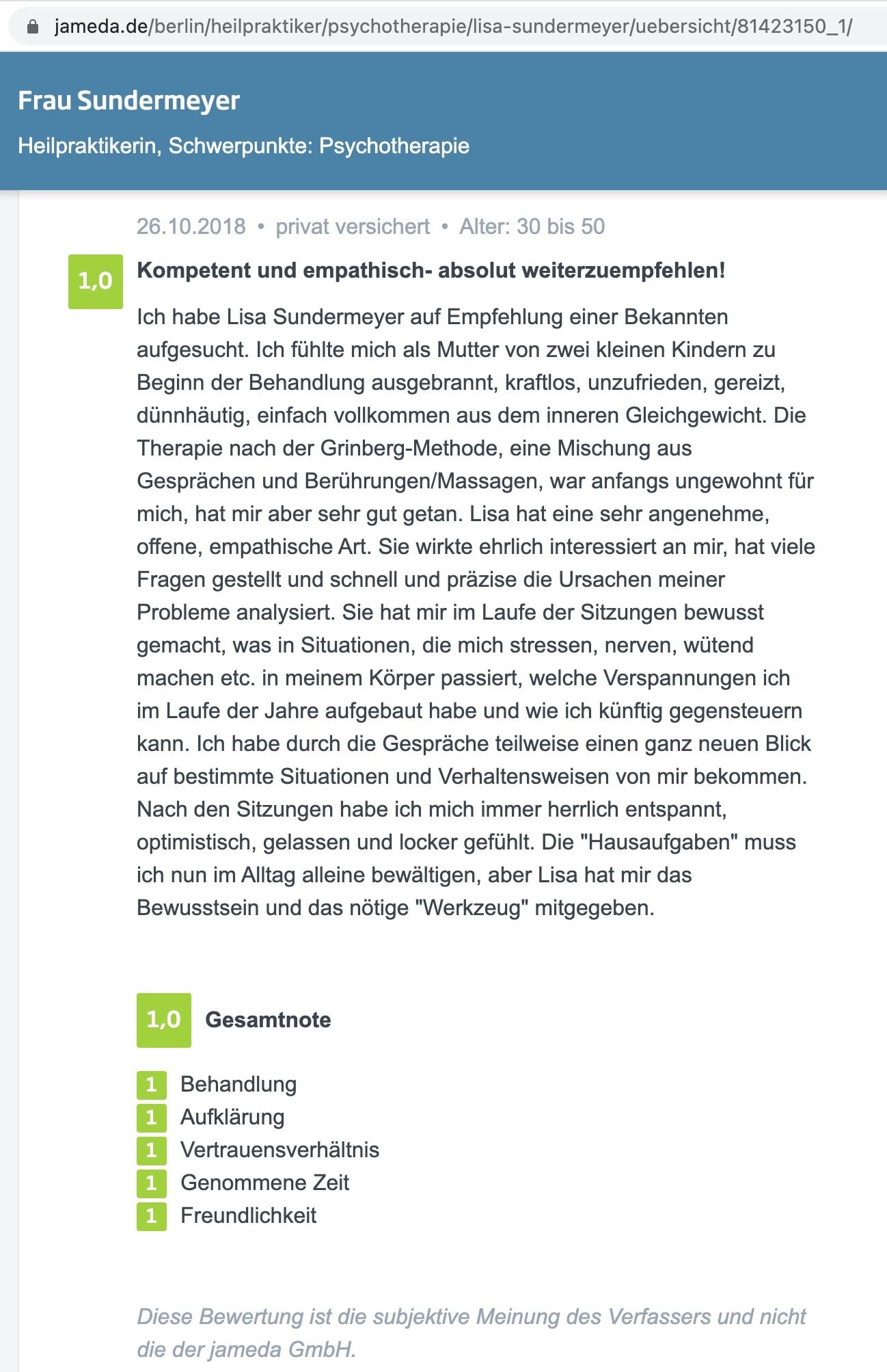 Jameda-Bewertung Bildschirmfoto der Bewertung auf jameda mit der Note 1,0